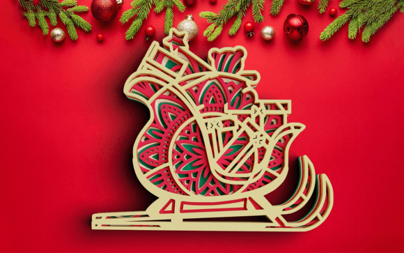 3D Christmas SVG DXF 4 Layer Sleigh Svg for Laser Cutting and Winter Amp