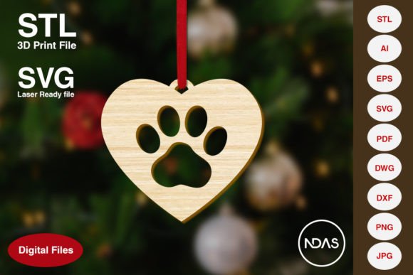 Dog Paw on Heart Christmas Decoration for 3D Printing and Home Decor